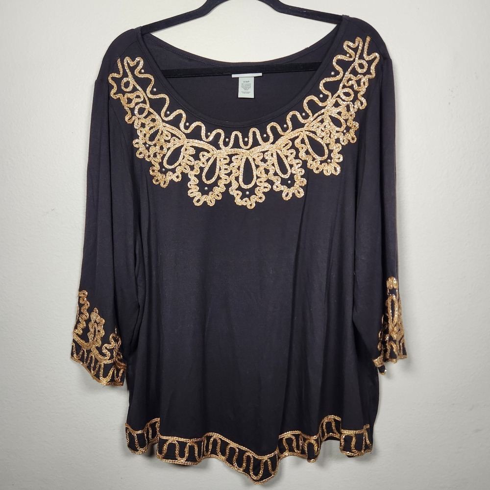 Catherines Womens 1XWP Black Gold Embellished Pullover Top Elegant Glam Elevated